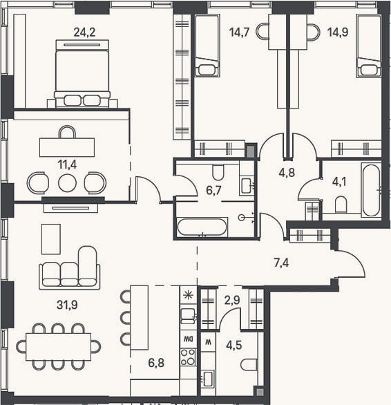 Планировка: 4+ к, 134,3 м²