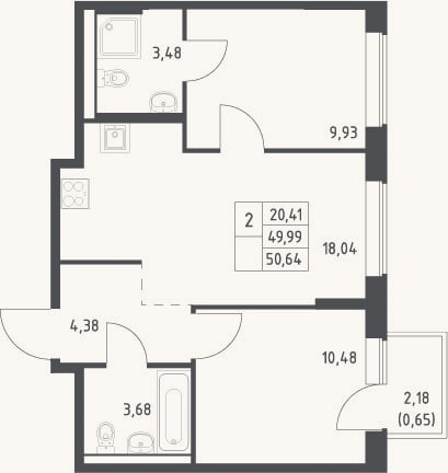 Планировка: 3-к, 50 м²
