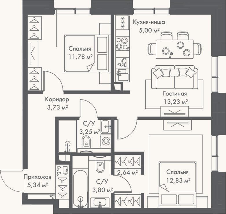 Планировка: 3-к, 61,6 м²