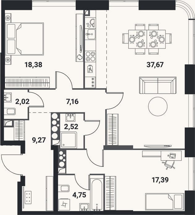 Планировка: 3-к, 99,2 м²