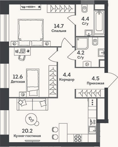 Планировка: 3-к, 65 м²