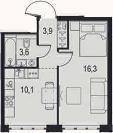 Планировка: 1-к, 33,9 м²
