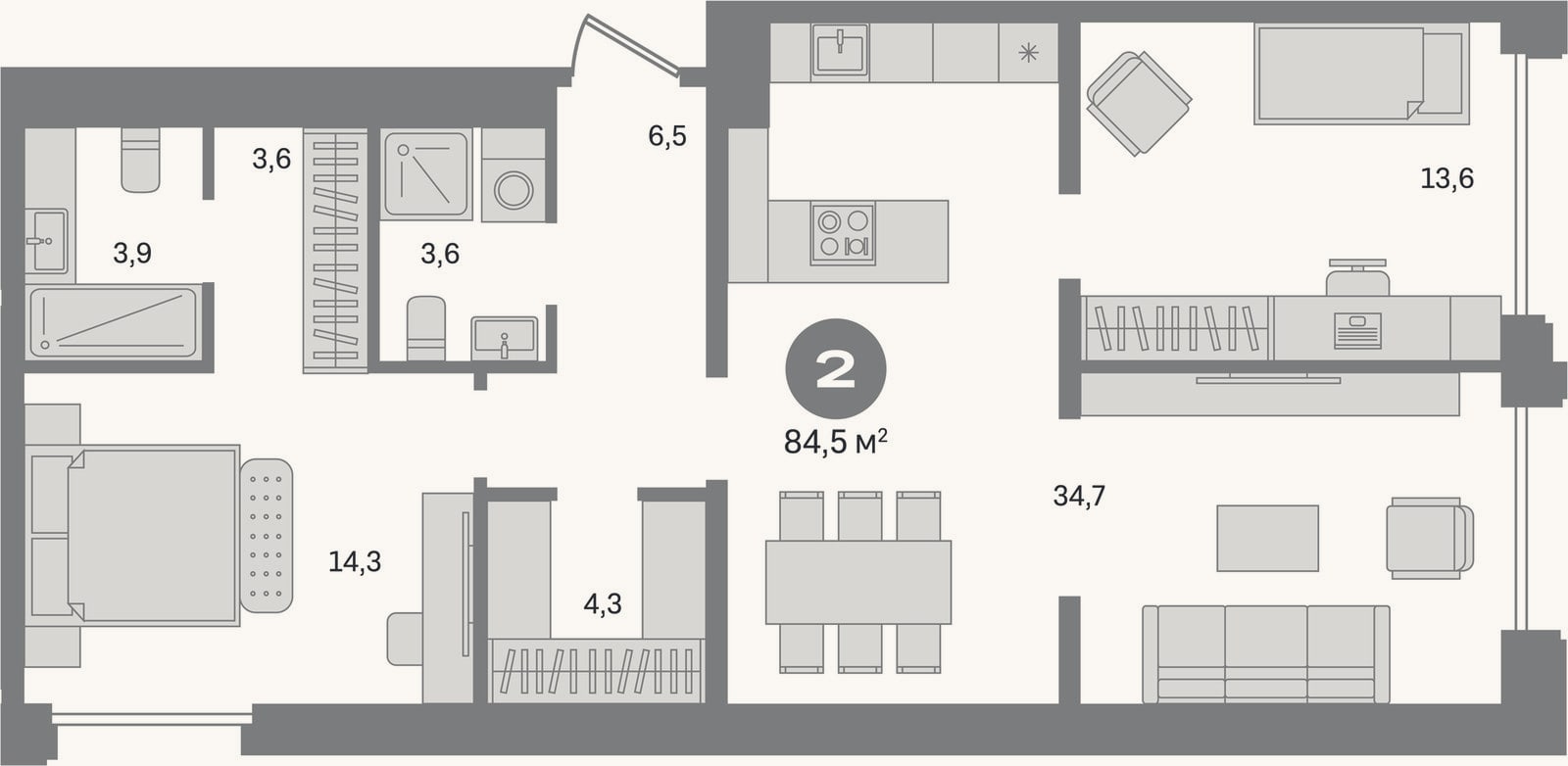 Планировка: 2-к, 84,5 м²