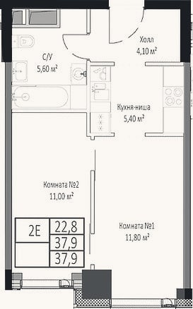 Планировка: 2-к, 37,9 м²