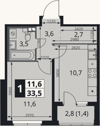 Планировка: 1-к, 32,1 м²