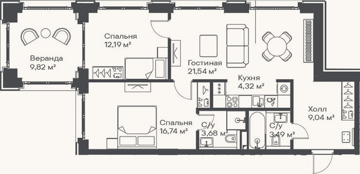 Планировка: 3-к, 71 м²