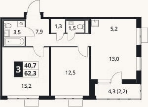 Планировка: 3-к, 60,1 м²
