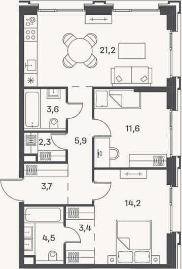 Планировка: 3-к, 70,4 м²