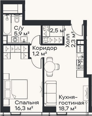 Планировка: 2-к, 46,9 м²