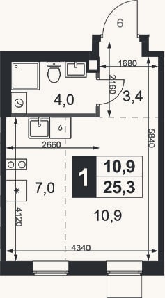 Планировка: Студия, 25,3 м²