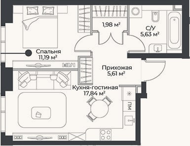 Планировка: 2-к, 42,3 м²