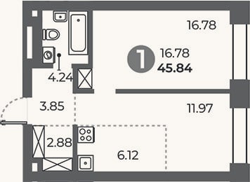 Планировка: 1-к, 45,8 м²