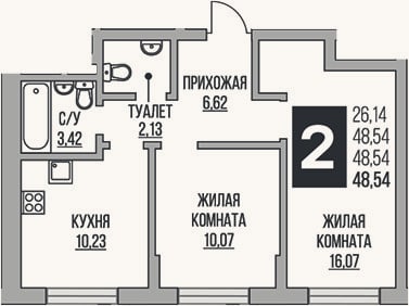 Планировка: 2-к, 48,5 м²