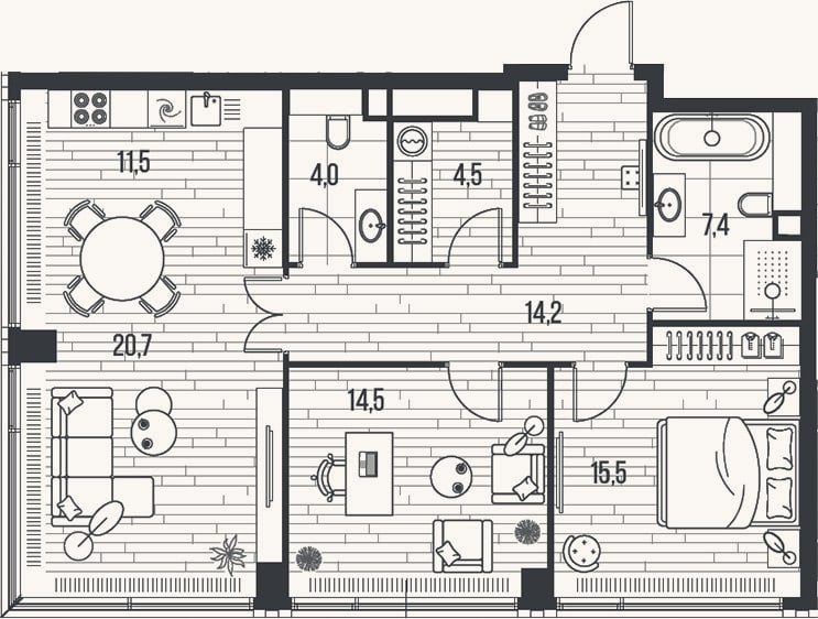 Планировка: 3-к, 92,3 м²