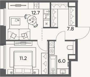 Планировка: 1-к, 37,7 м²