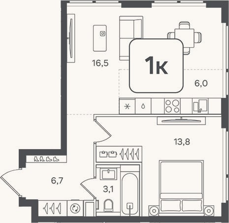 Планировка: 2-к, 46,1 м²