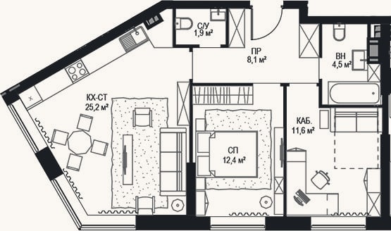 Планировка: 2-к, 65,3 м²