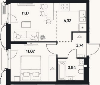Планировка: 2-к, 35,8 м²