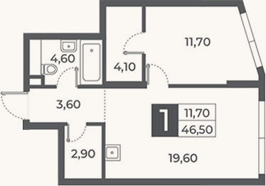 Планировка: 1-к, 46,5 м²