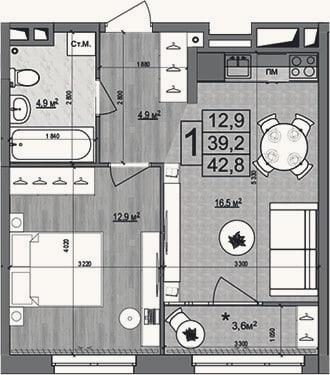 Планировка: 2-к, 39,2 м²