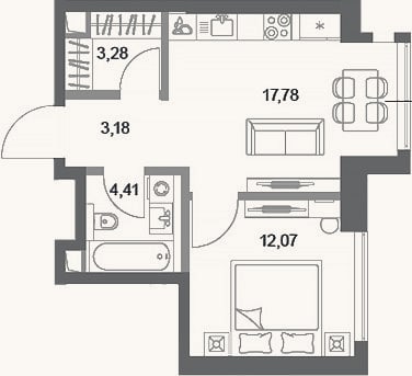 Планировка: 1-к, 40,7 м²