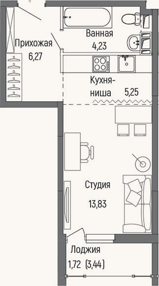 Планировка: Студия, 29,6 м²