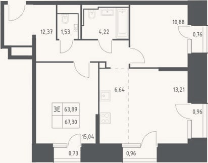 Планировка: 3-к, 63,9 м²