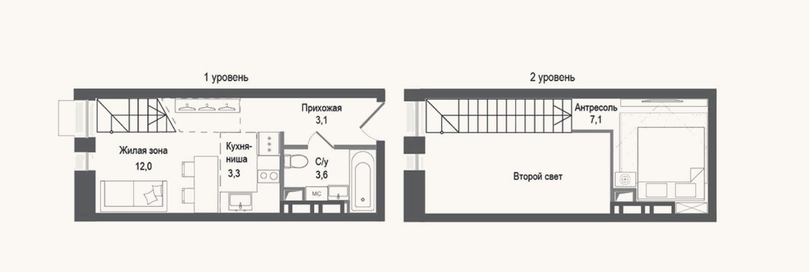Планировка: 2-к, 29,1 м²