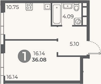 Планировка: 1-к, 36,1 м²