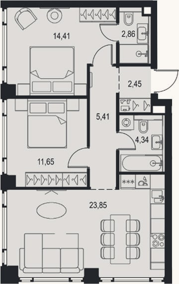 Планировка: 3-к, 65 м²