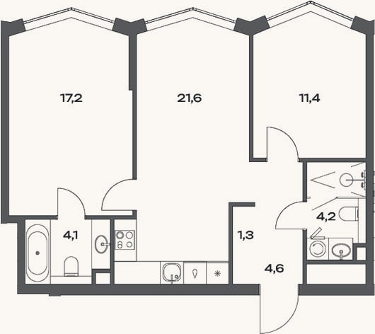 Планировка: 3-к, 65,4 м²