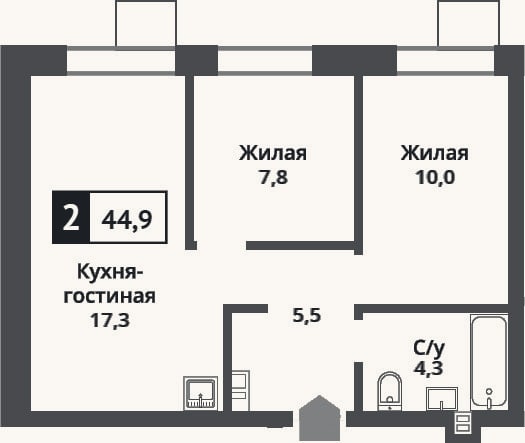 Планировка: 3-к, 44,9 м²