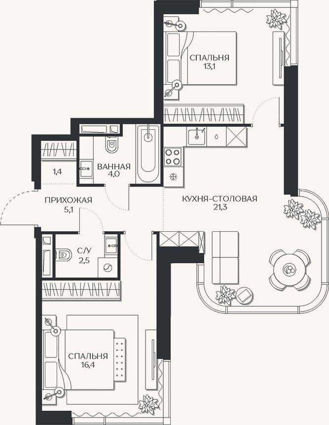 Планировка: 3-к, 63,8 м²