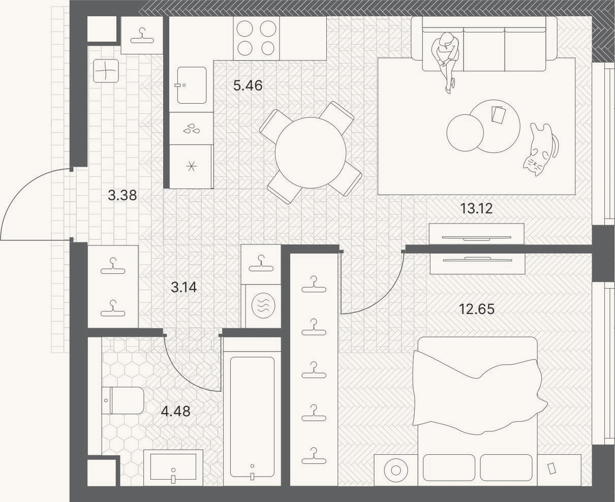 Планировка: 2-к, 42,2 м²