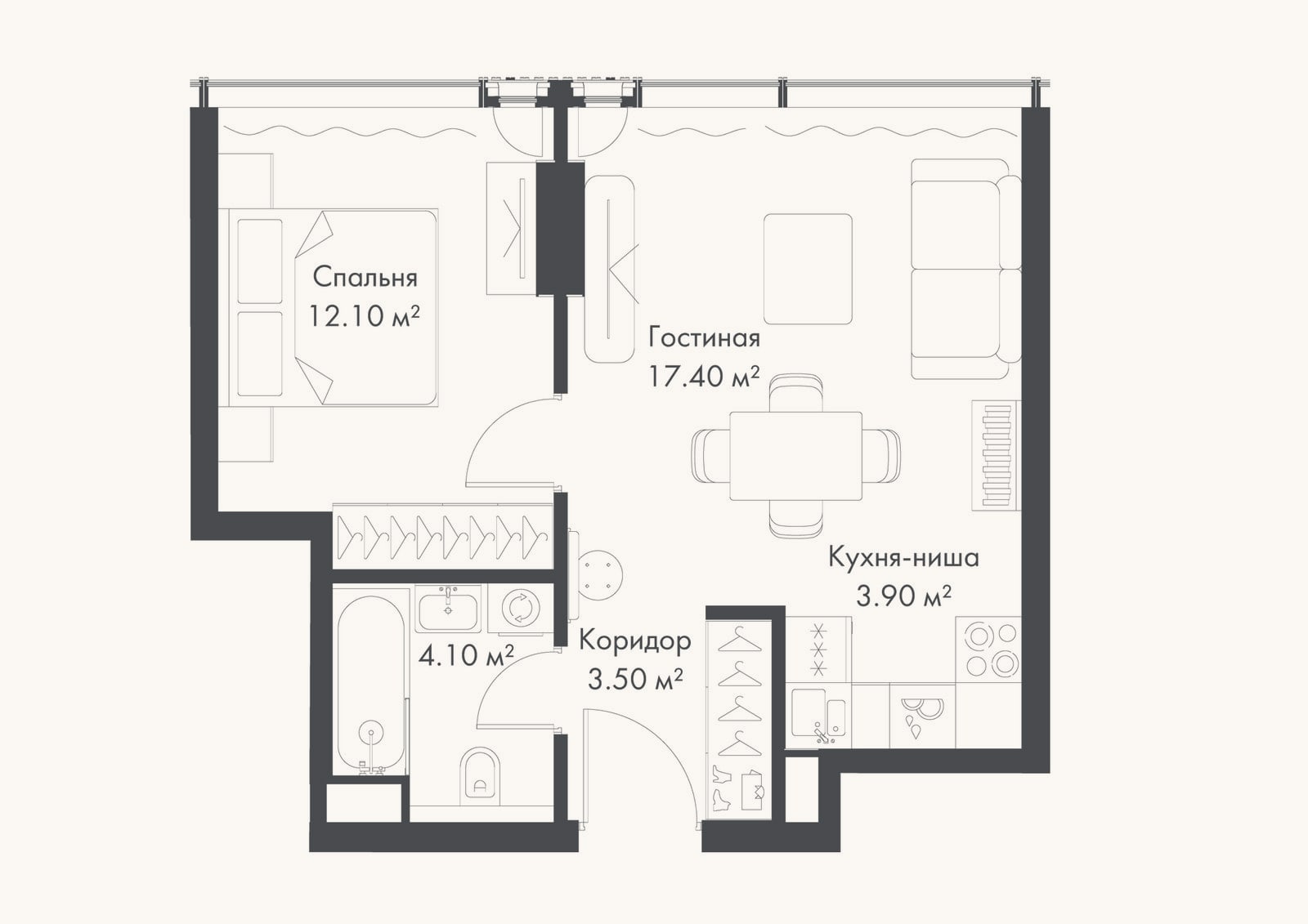 Планировка: 2-к, 41 м²