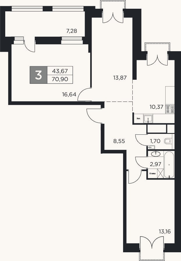 Планировка: 3-к, 67,3 м²