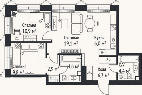 Планировка: 3-к, 64 м²