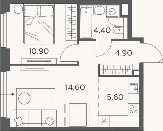 Планировка: 2-к, 40,4 м²