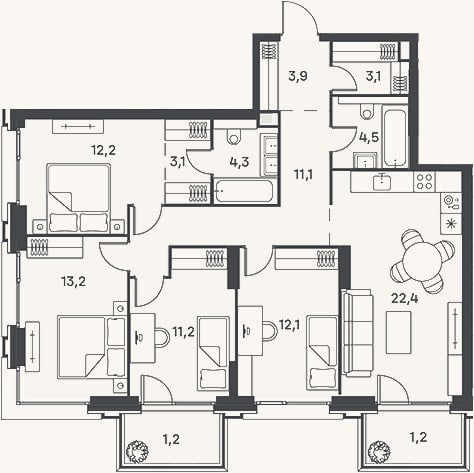 Планировка: 4+ к, 101,1 м²