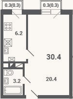 Планировка: 1-к, 29,8 м²