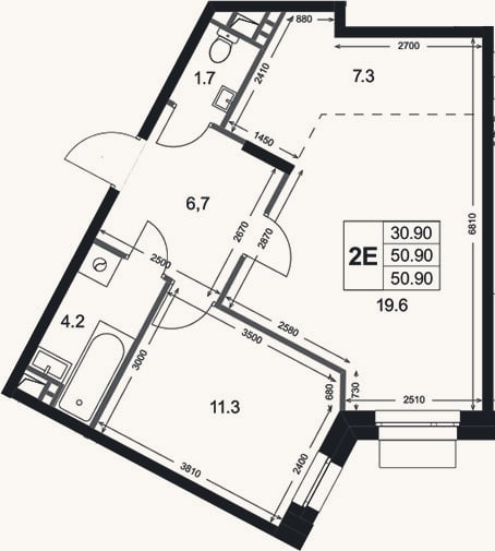 Планировка: 2-к, 50,9 м²