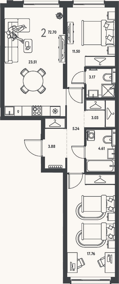 Планировка: 2-к, 72,7 м²