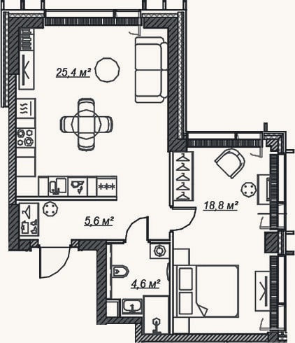 Планировка: 2-к, 54,4 м²