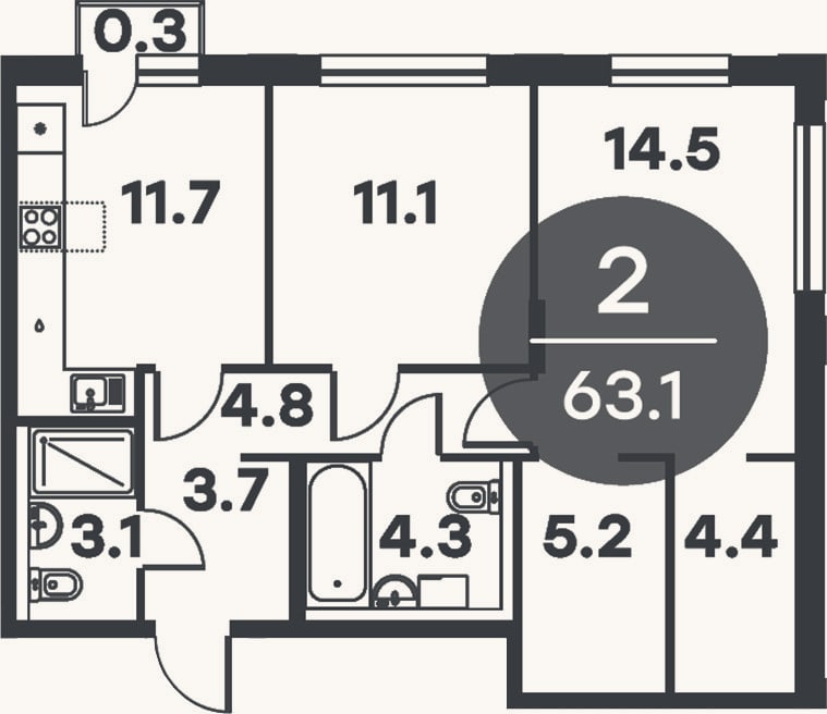 Планировка: 2-к, 62,8 м²
