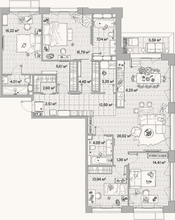 Планировка: 4+ к, 140 м²