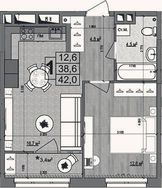 Планировка: 2-к, 38,6 м²