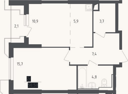 Планировка: 2-к, 48,4 м²