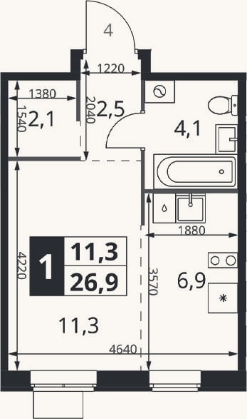 Планировка: Студия, 26,9 м²