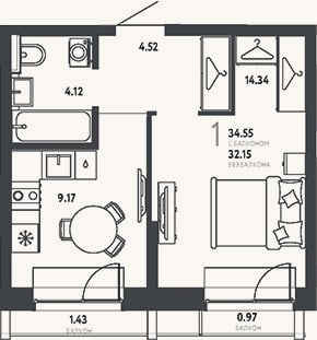 Планировка: 1-к, 32,2 м²