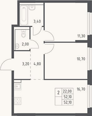 Планировка: 3-к, 52,1 м²